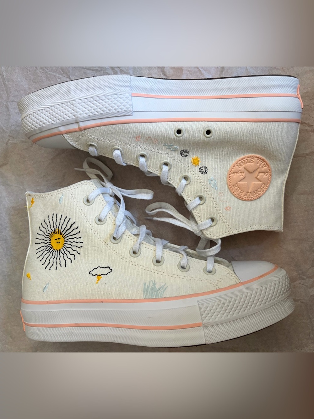 Converse High Top Sneakers in Cream, Peach, and sunny graphics